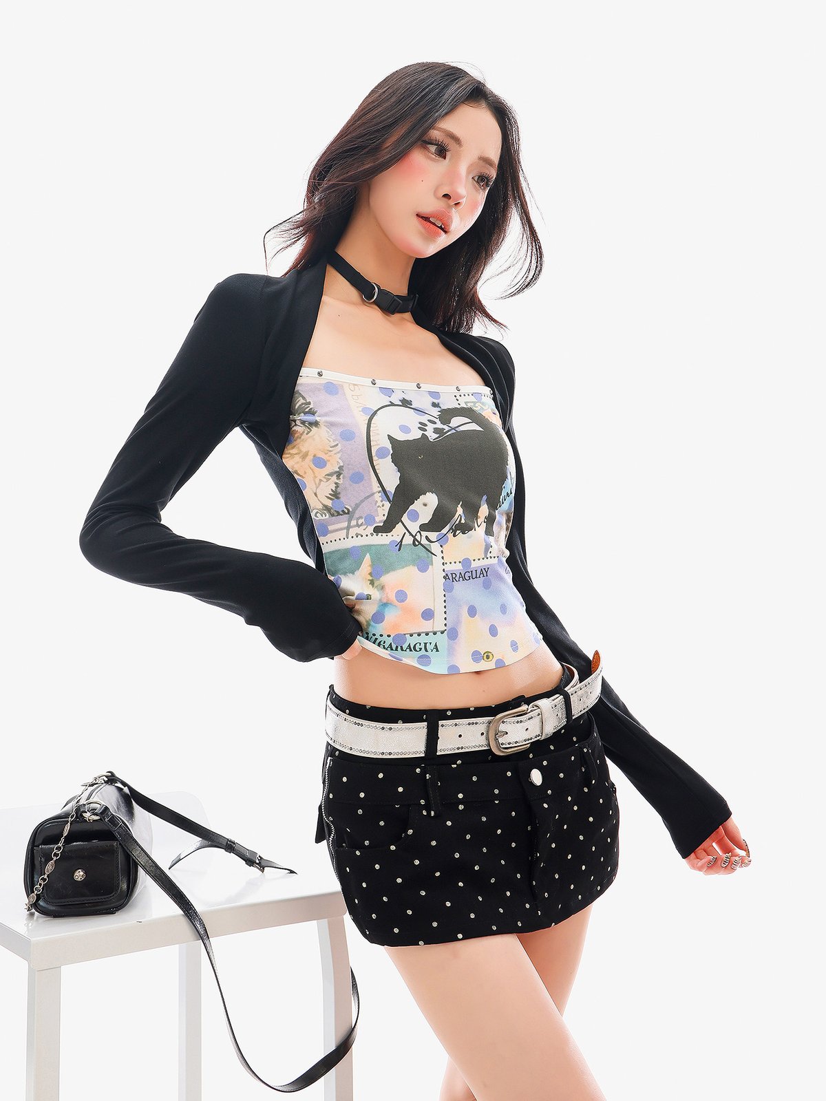 キャットプリント 配色 スクエアネック長袖Tシャツ｜商品写真