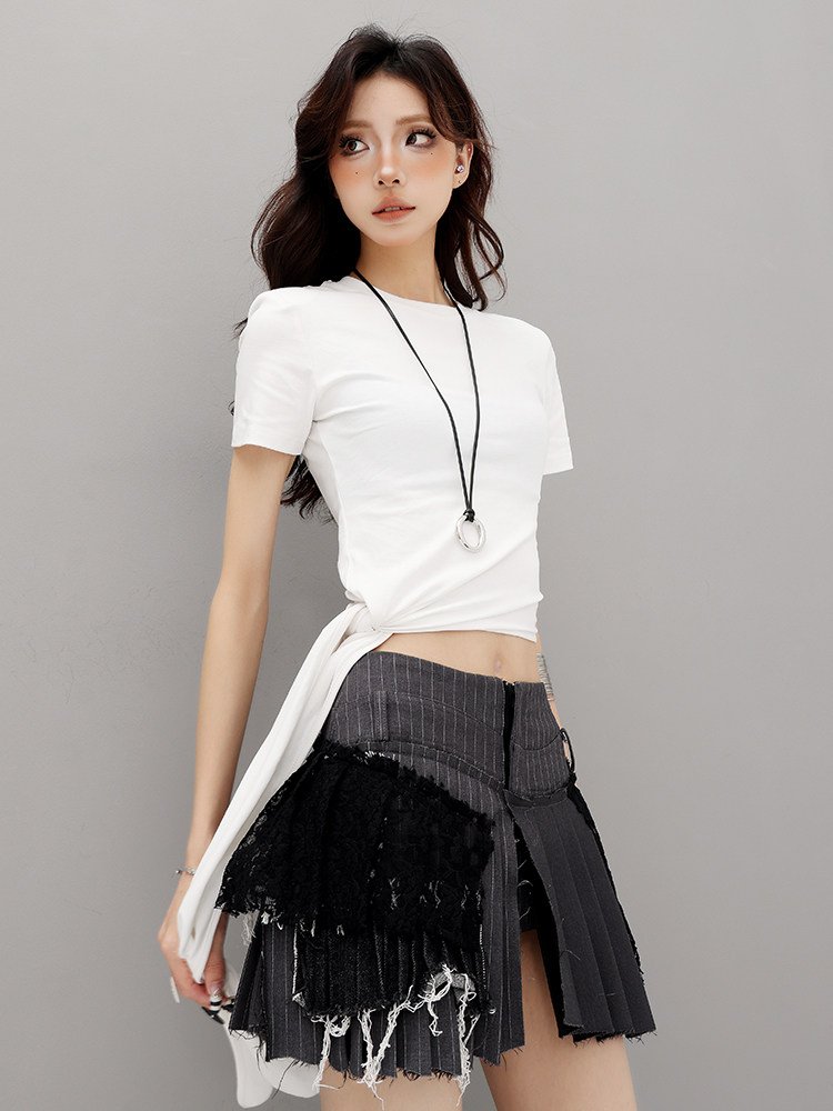アシメ裾 ひも付き クルーネック半袖Tシャツ｜商品写真