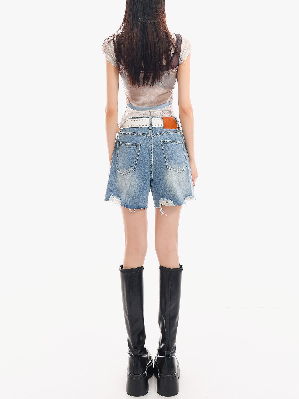 ダメージ フリンジ ストレートデニムショートパンツ｜商品写真