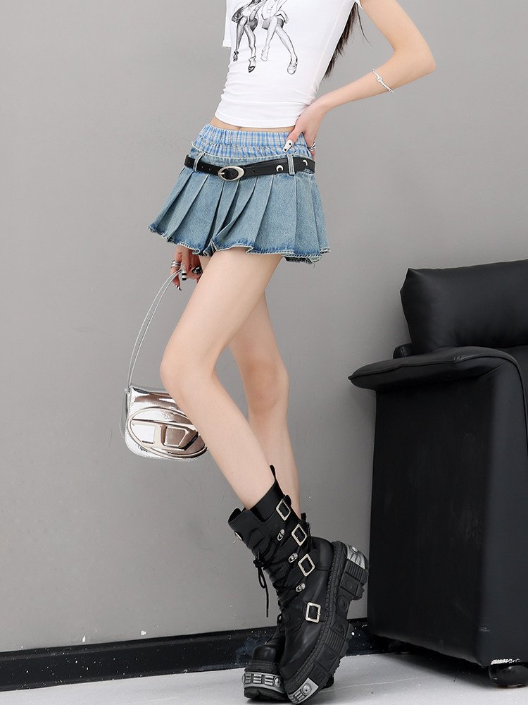 ダブルウエスト プリーツ デニムミニスカート｜商品写真