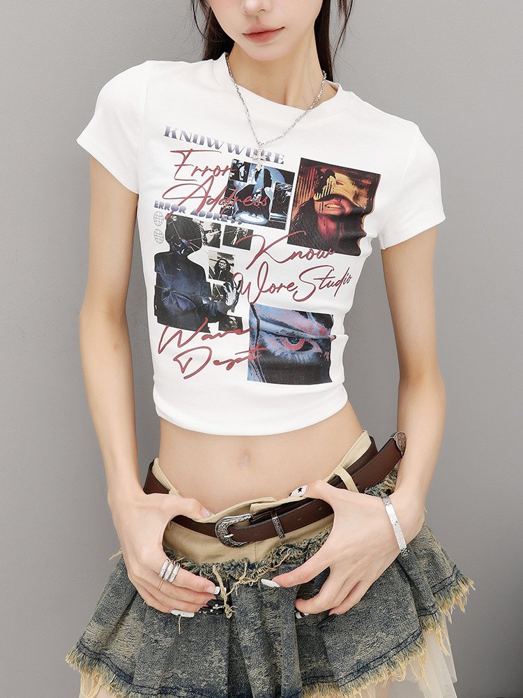 ヴィンテージ風プリント 半袖Tシャツ タイト｜商品写真