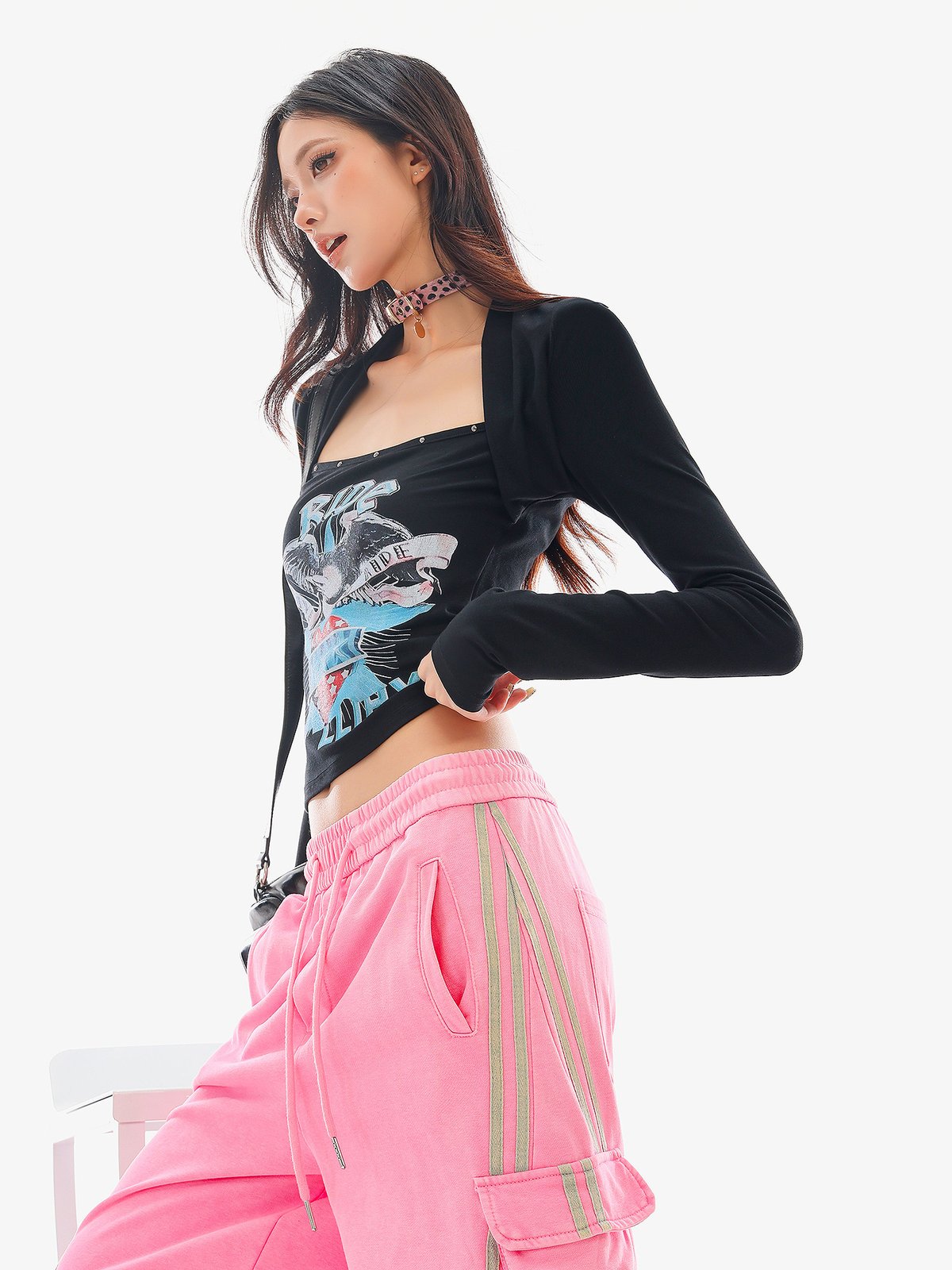 レイヤード風 プリント スクエアネック 長袖Tシャツ｜商品写真