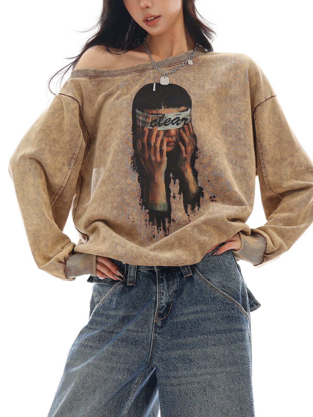 ポートレートプリント ワンショルダー 長袖Tシャツ｜商品写真