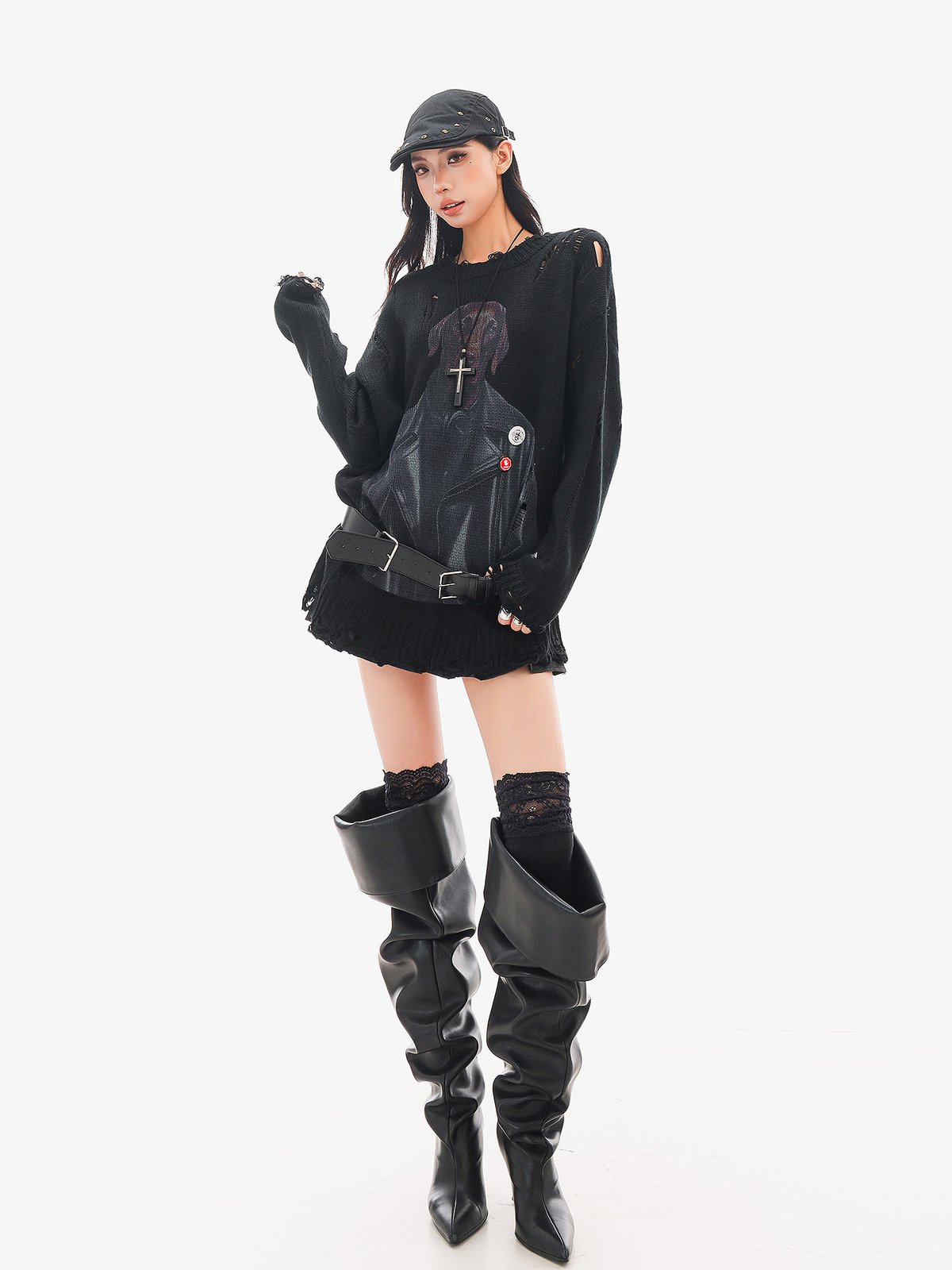 ダメージ フリンジ プルオーバーニット ブラック｜商品写真