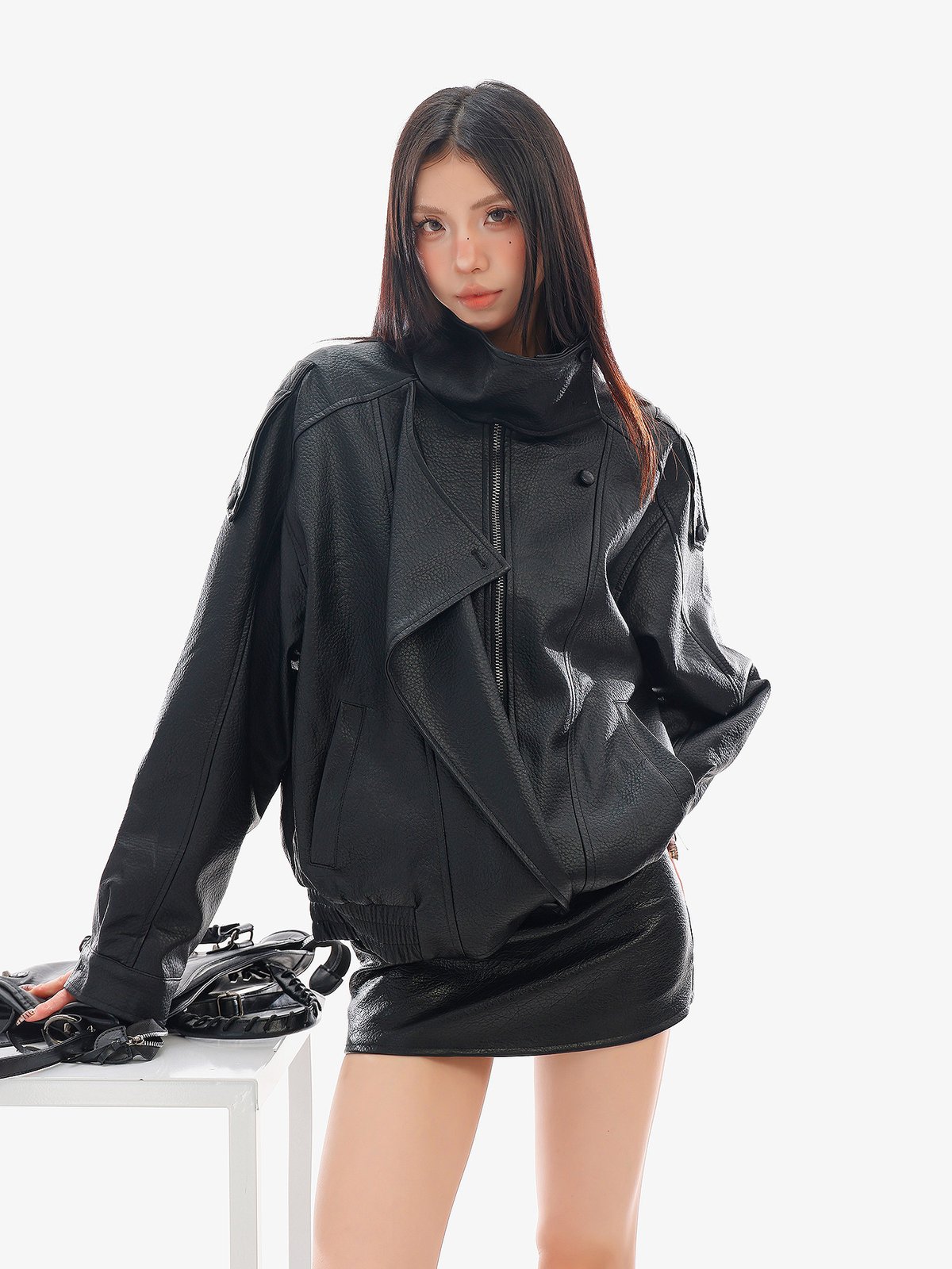 PUレザー 襟付き ライダースジャケット ゆったり｜商品写真