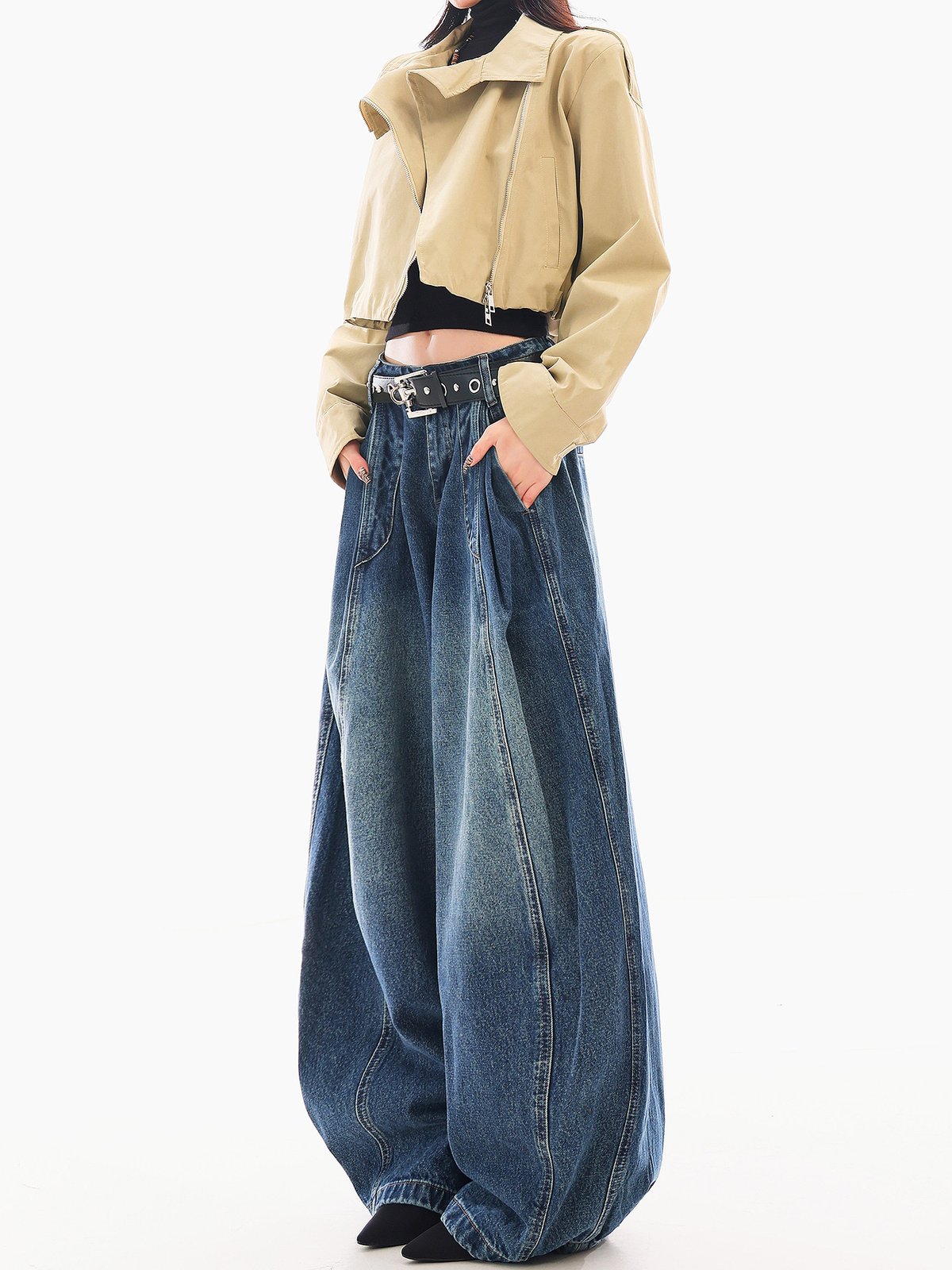 ロング丈 とろみ ワイドデニムパンツ ゆったり｜商品写真