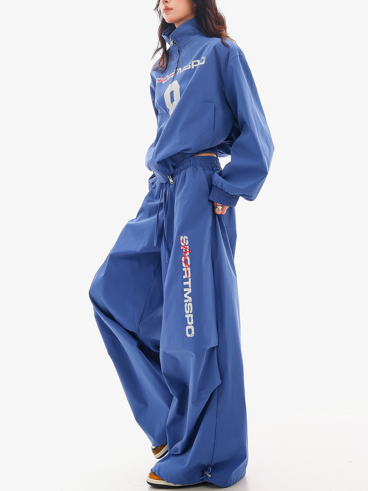 ロング丈 ウエストゴム ワイドスポーツパンツ ブルー｜商品写真