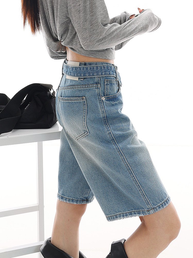 ベルト付き ウォッシュド デニムハーフパンツ｜商品写真