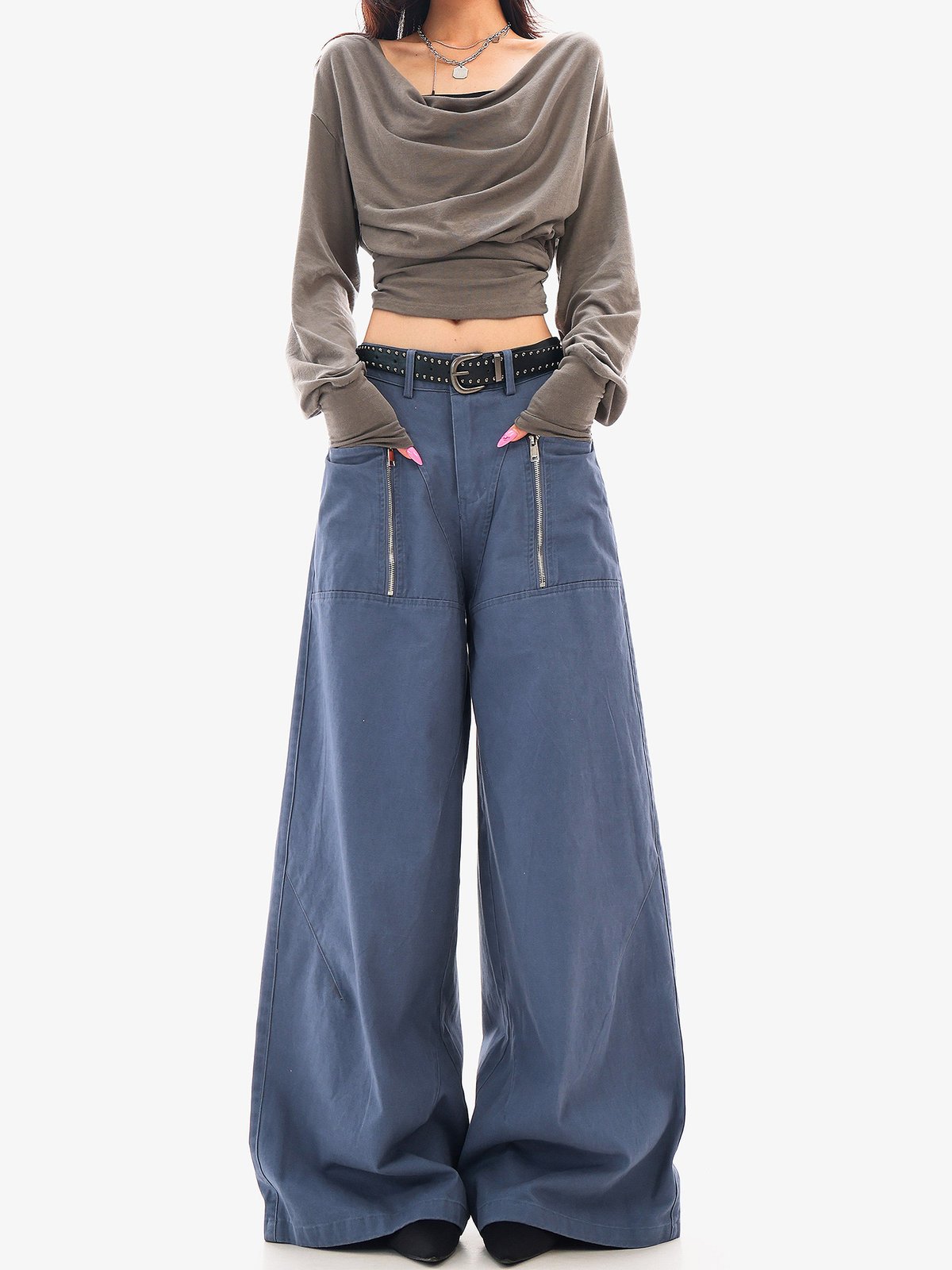 ロング丈 切替 ワイドカーゴパンツ ブルー｜商品写真
