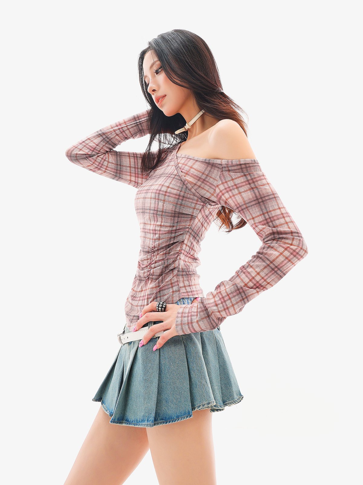 チェック柄 ギャザー ワンショルダー 長袖Tシャツ｜商品写真