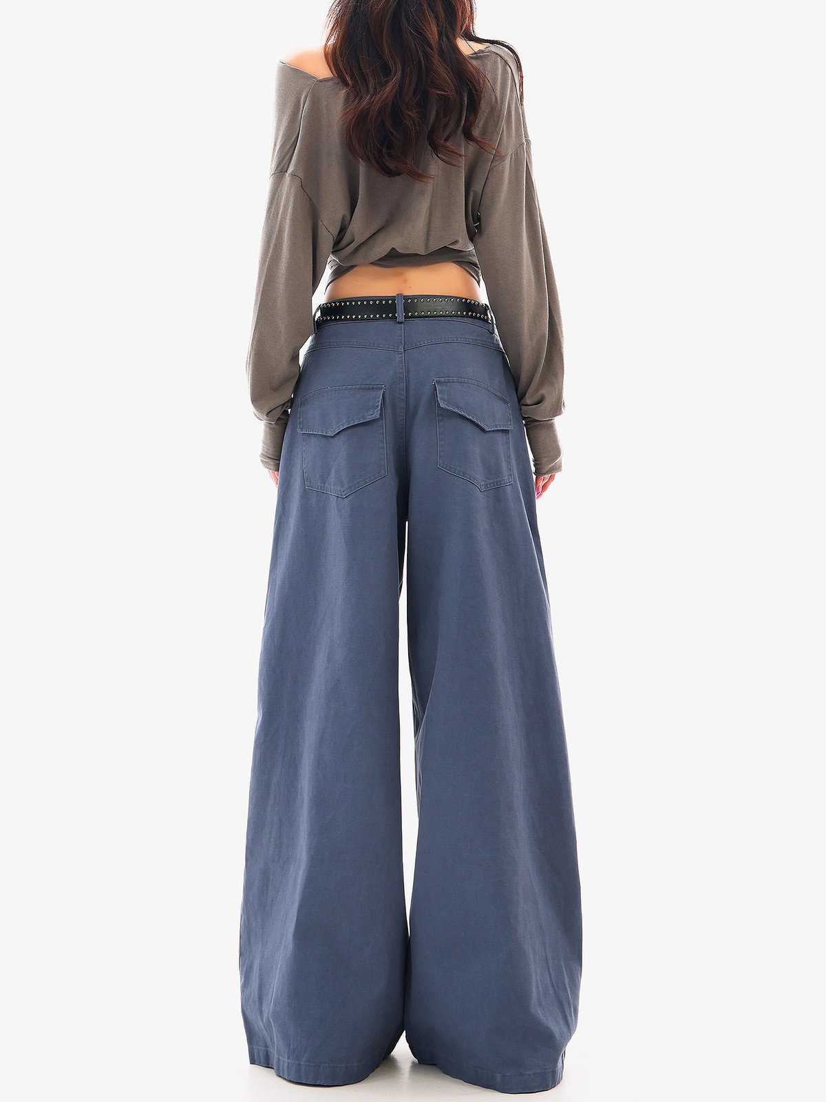 ロング丈 切替 ワイドカーゴパンツ ブルー｜商品写真