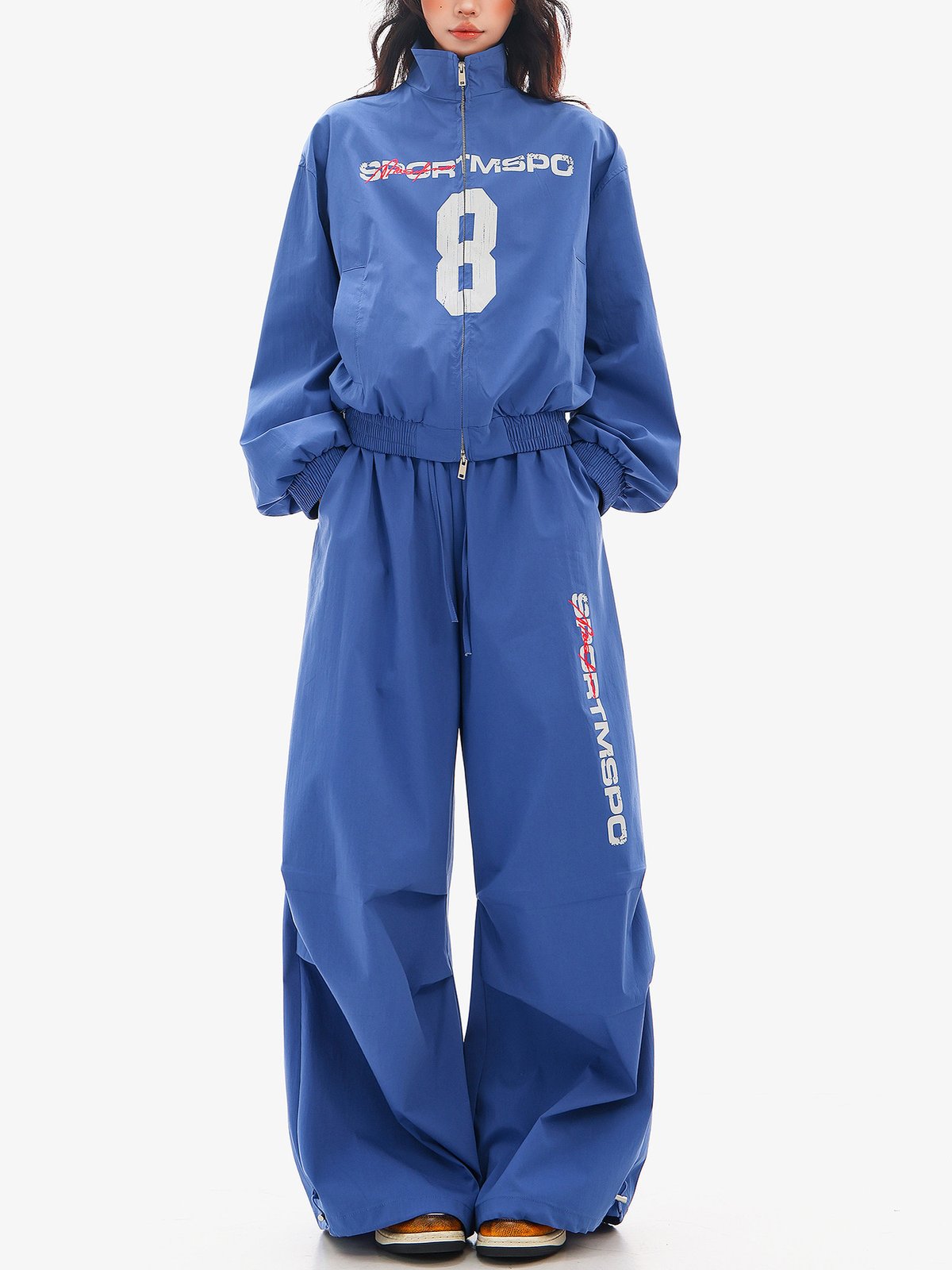 ロング丈 ウエストゴム ワイドスポーツパンツ ブルー｜商品写真