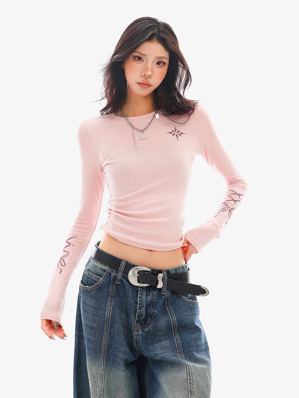 プリント クルーネック 長袖Tシャツ タイト｜商品写真