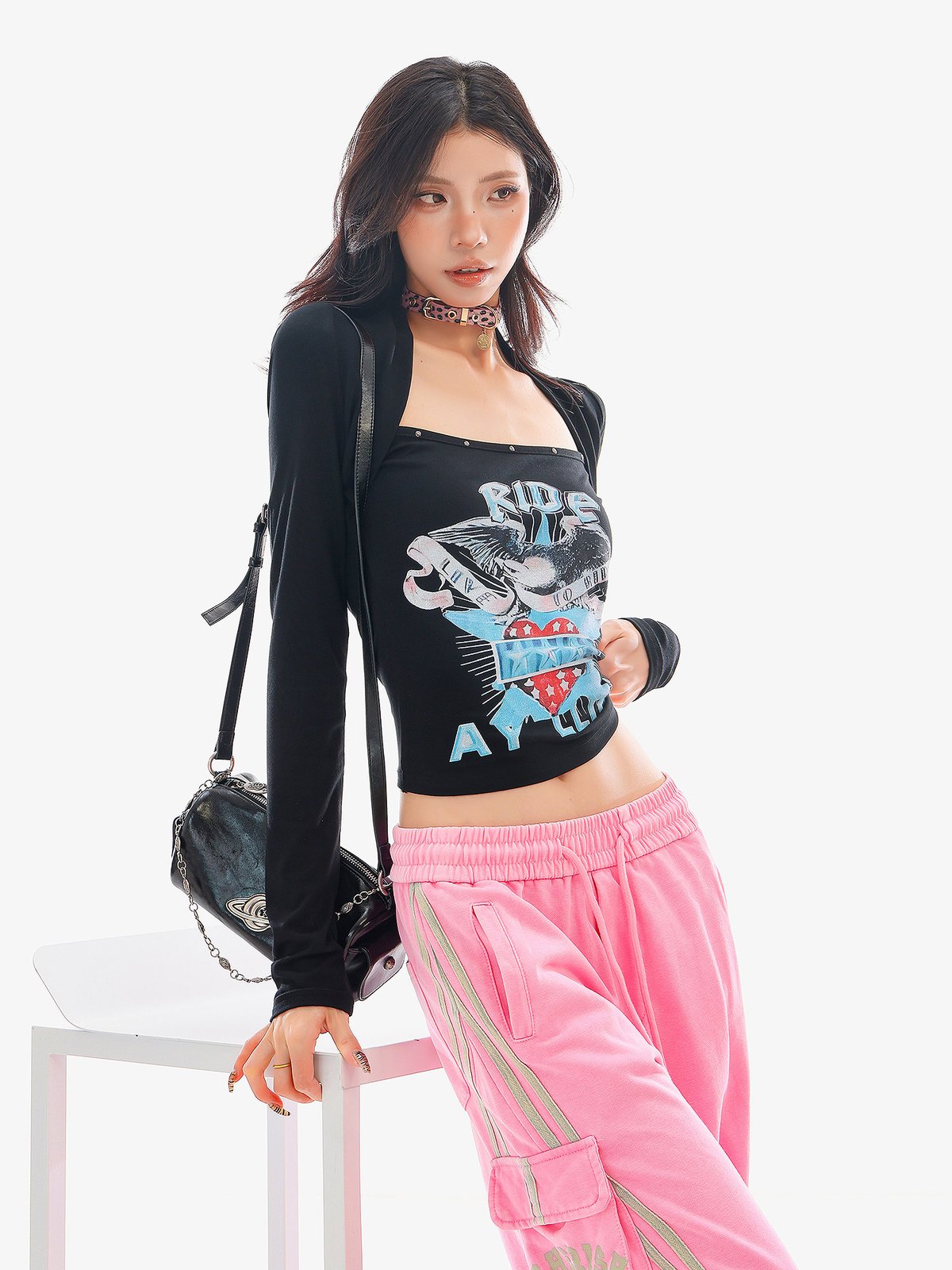 レイヤード風 プリント スクエアネック 長袖Tシャツ｜商品写真