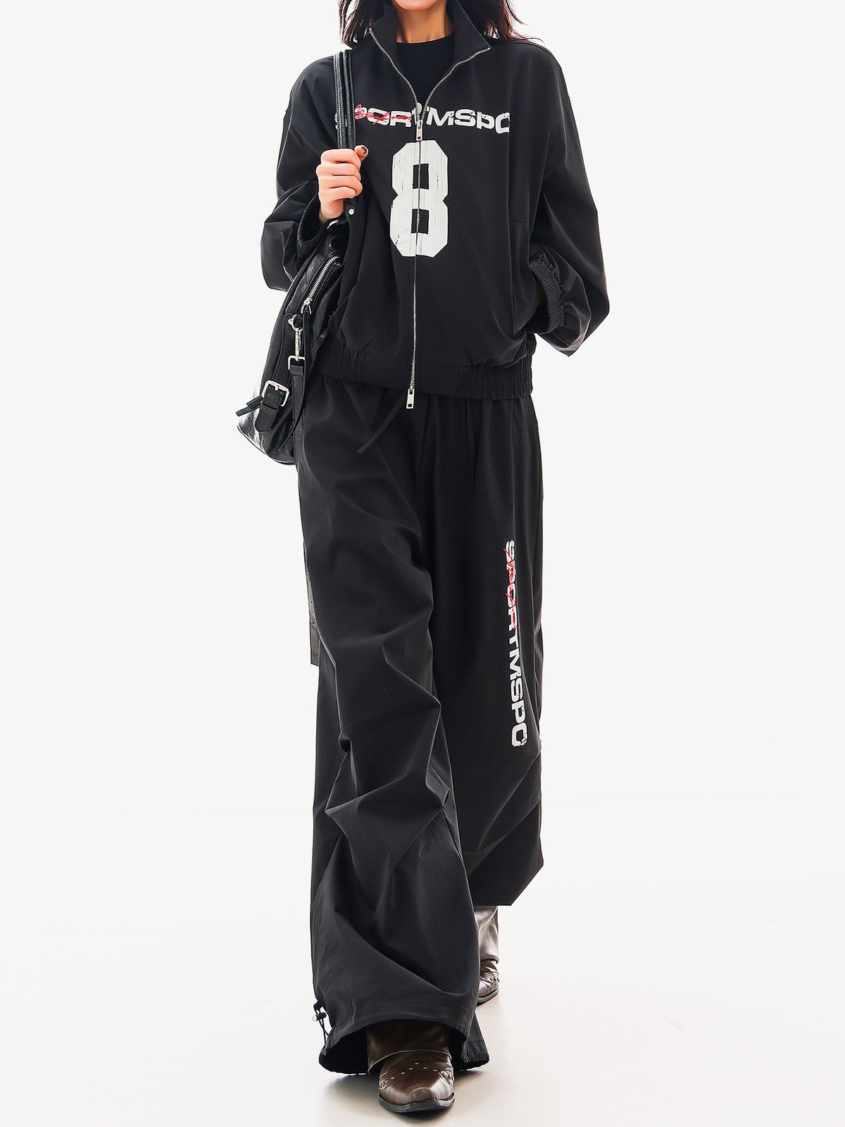 ロング丈 ウエストゴム ワイドスポーツパンツ ブラック｜商品写真
