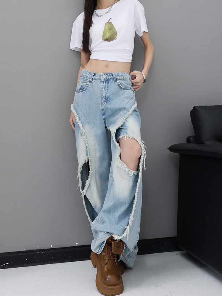 ロング丈 ダメージ フリンジ ワイドデニムパンツ｜商品写真