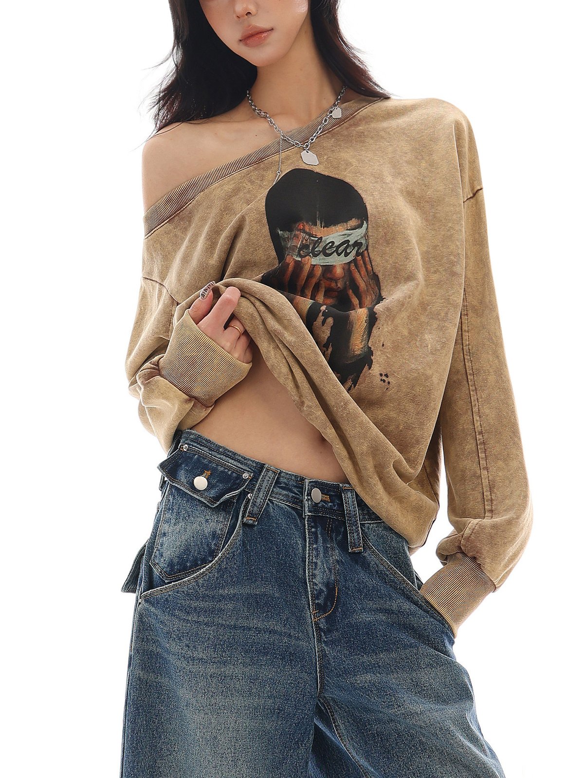 ポートレートプリント ワンショルダー 長袖Tシャツ｜商品写真