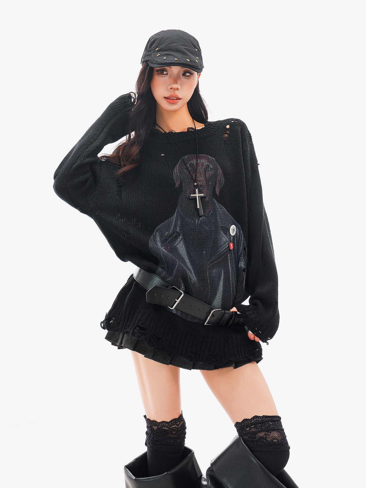 ダメージ フリンジ プルオーバーニット ブラック｜商品写真