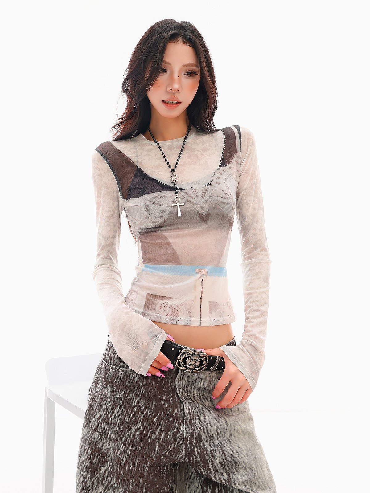3Dプリント シアーメッシュ 長袖Tシャツ｜商品写真