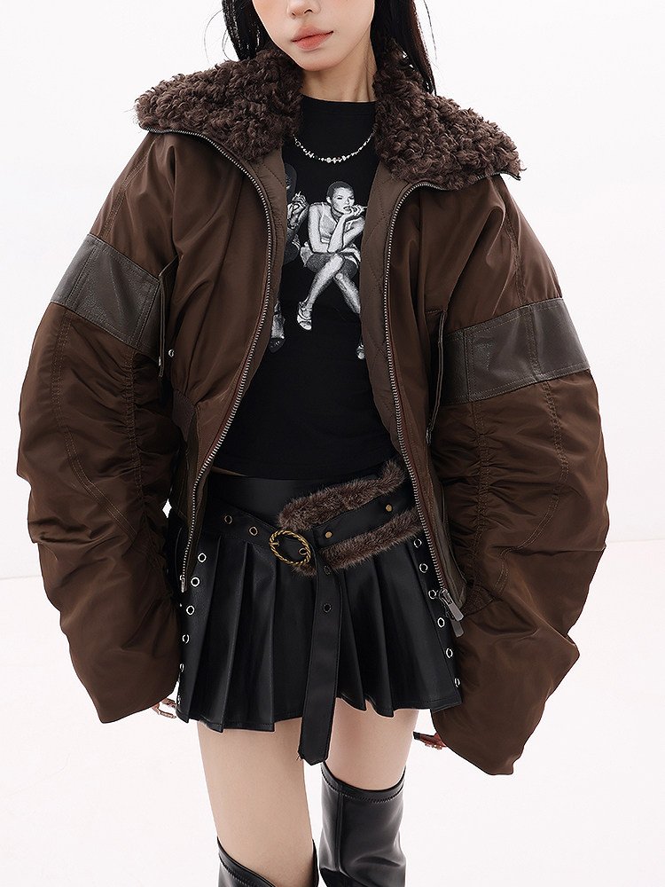切替デザイン 襟付き 中綿ジャケット 厚手｜商品写真
