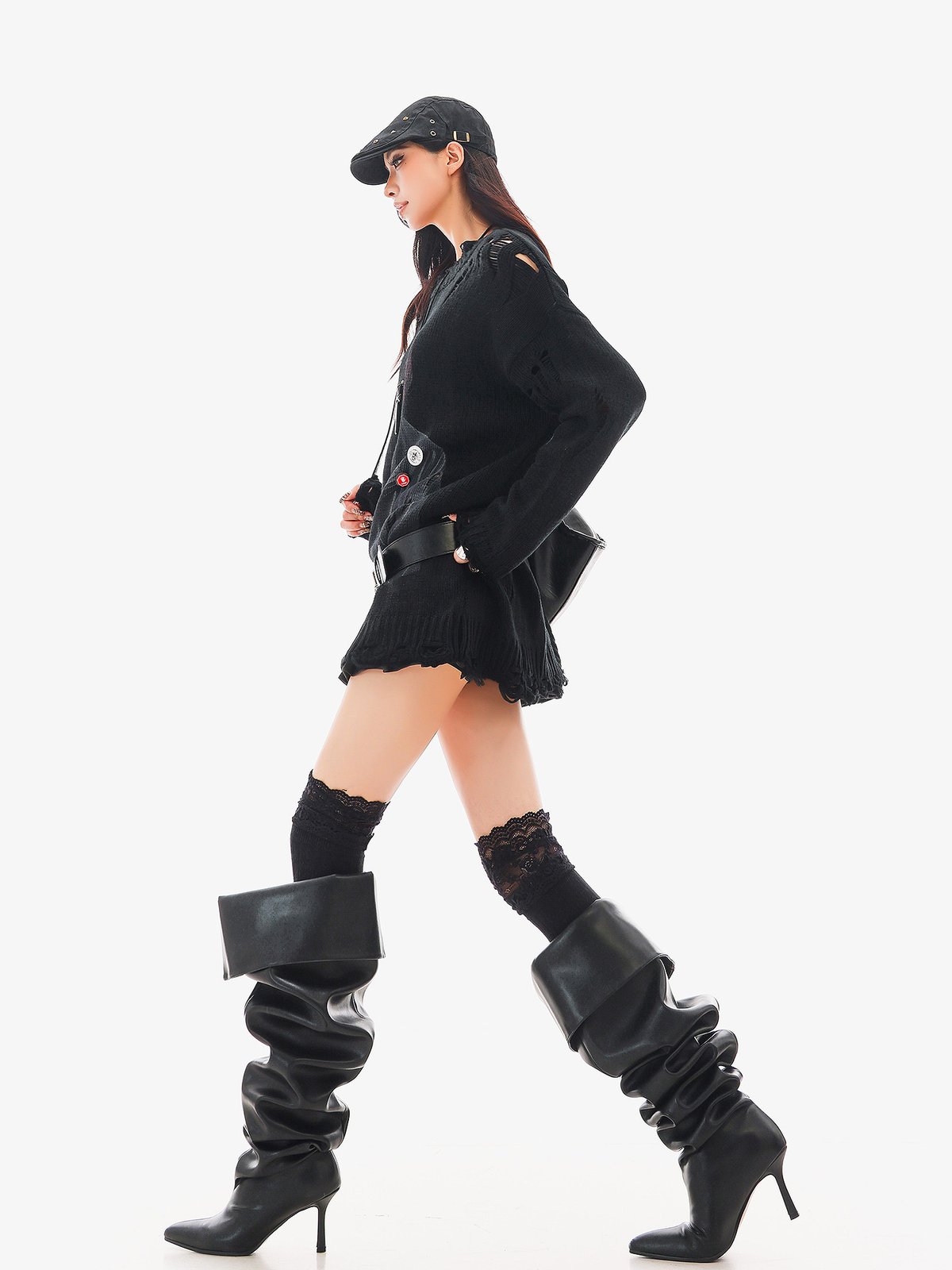ダメージ フリンジ プルオーバーニット ブラック｜商品写真