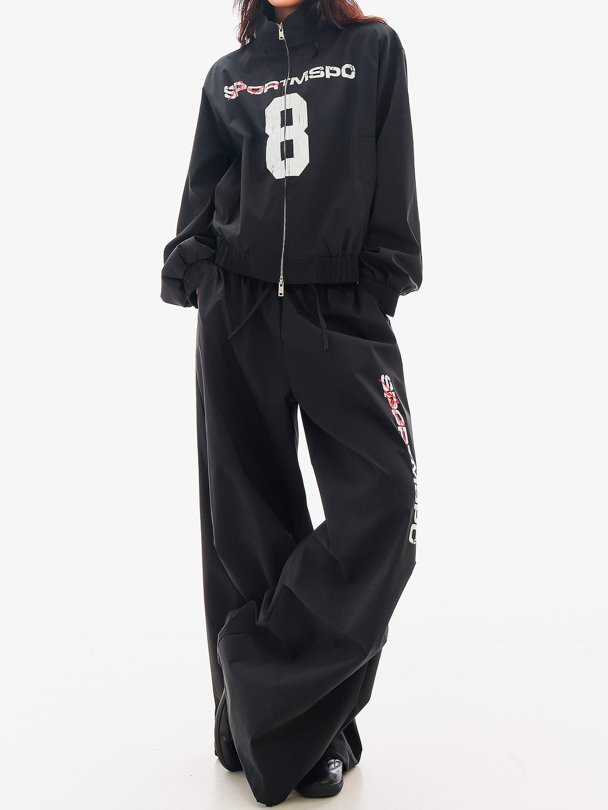 ロング丈 ウエストゴム ワイドスポーツパンツ ブラック｜商品写真