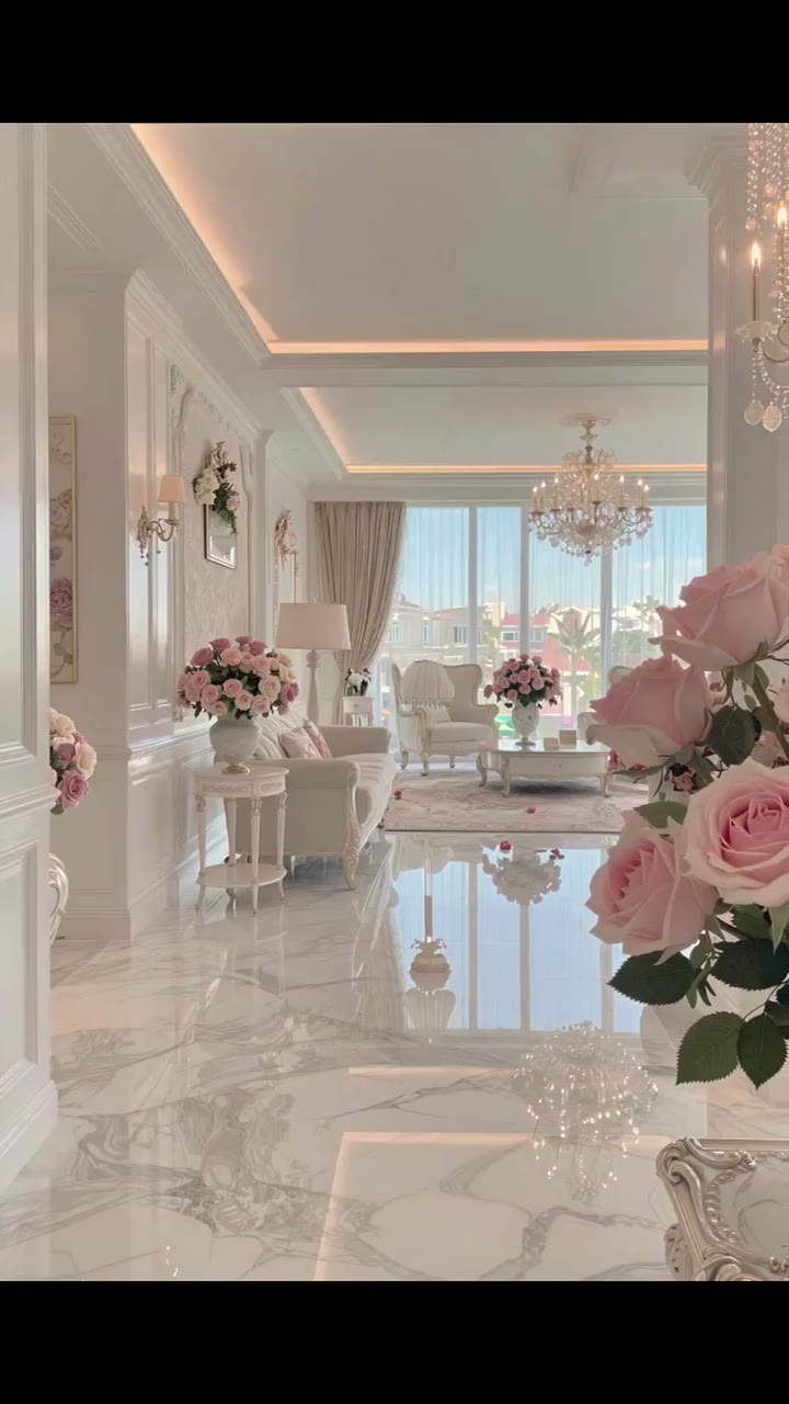 白いお部屋にシャンデリアとバラ🌹