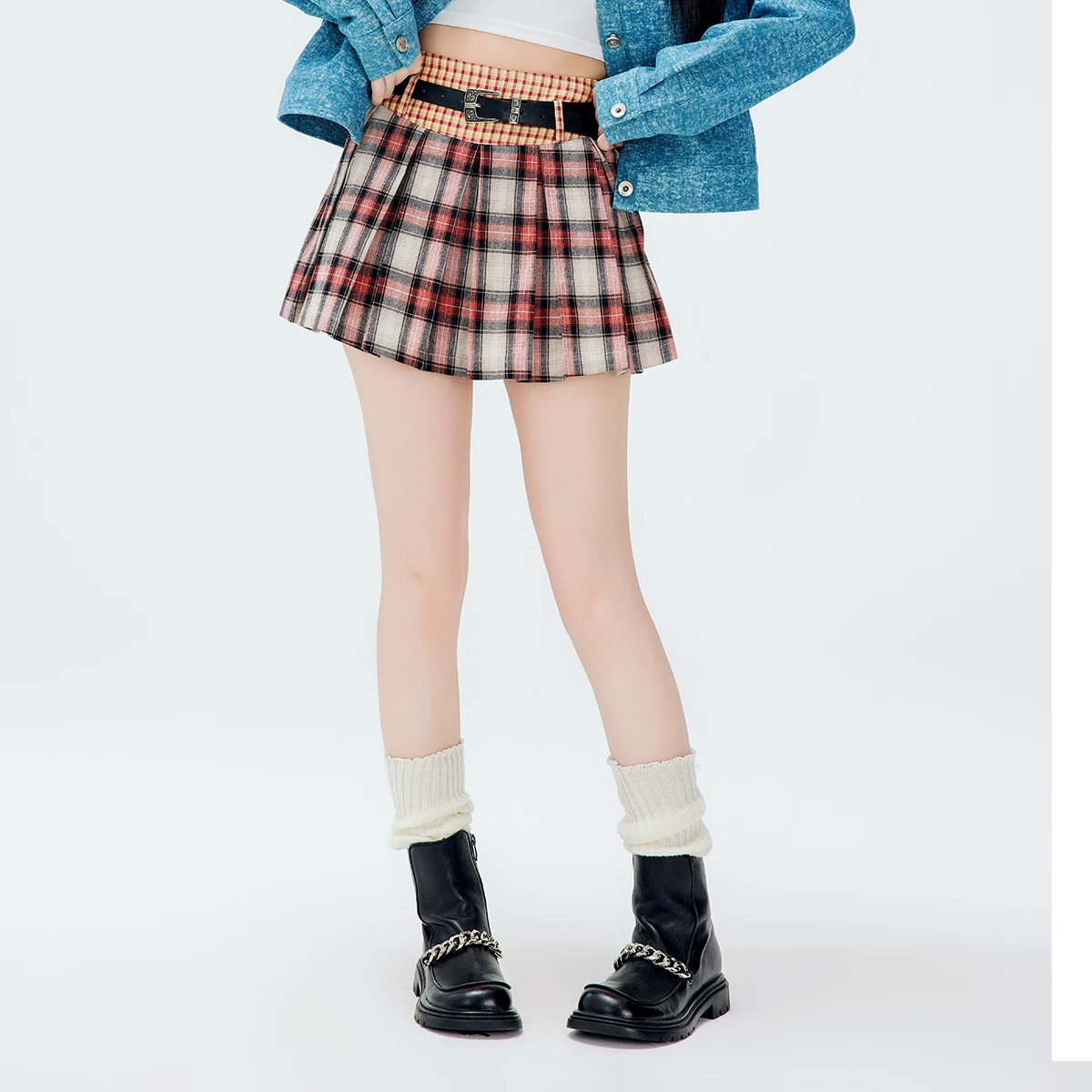 BETTERSAY チェック柄ハイウエストプリーツスカート