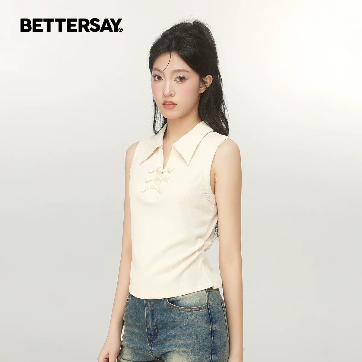 BETTERSAY チャイナボタンノースリーブトップス