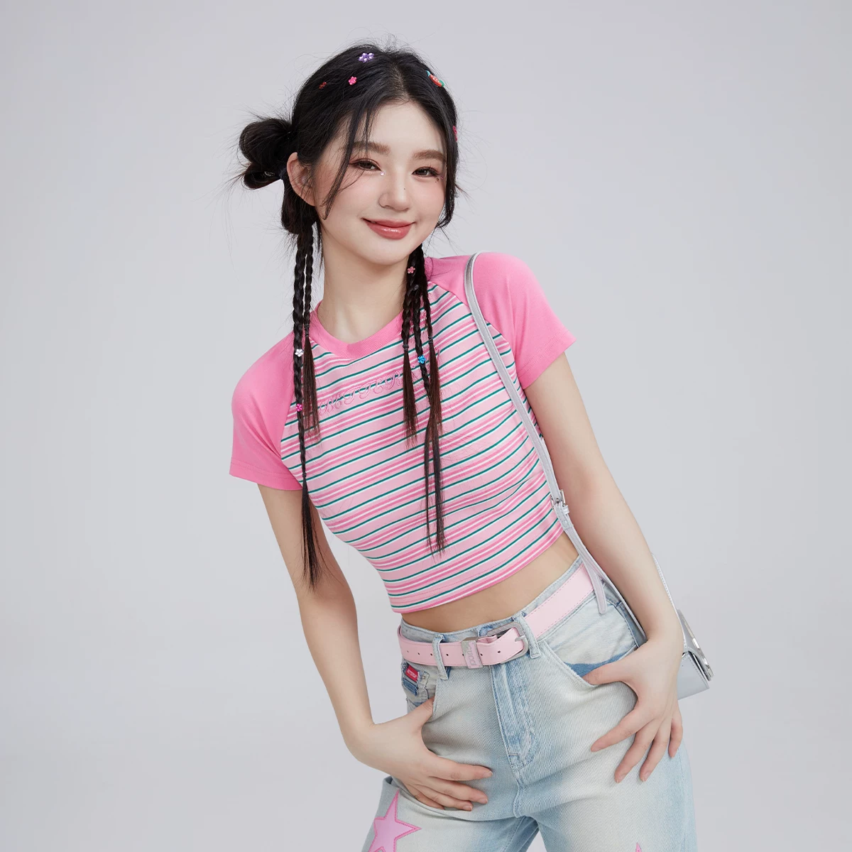 BETTERSAY ストライプ柄ショート丈Tシャツ