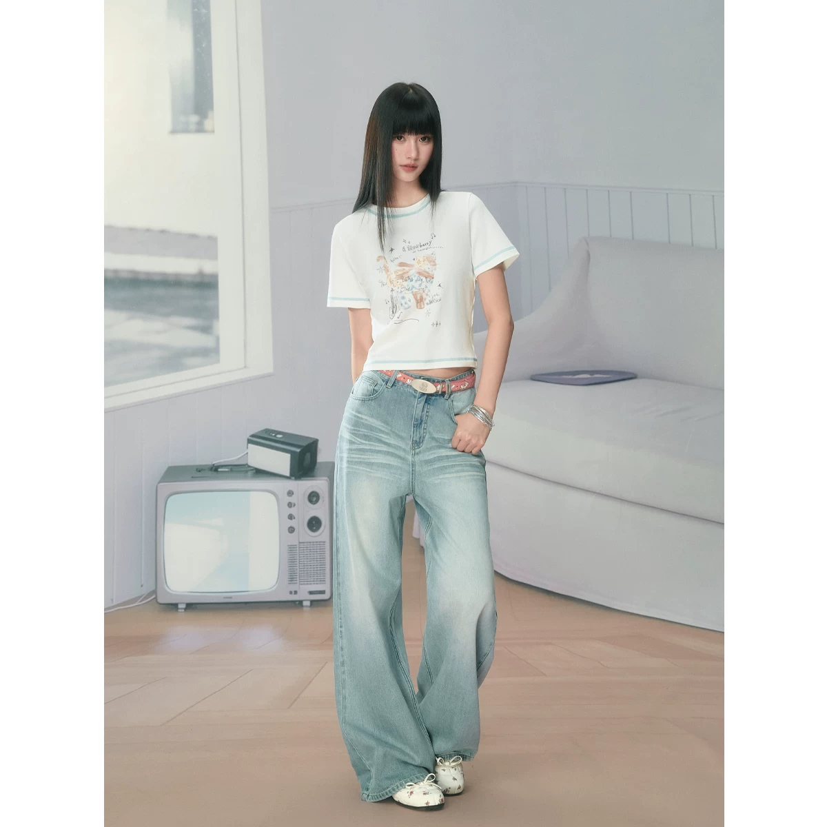ablueberry バイカラーショート丈Tシャツ