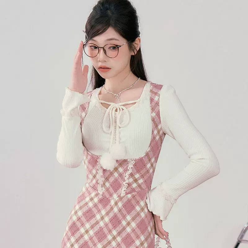 fabricpig チェック柄レイヤードロングワンピース