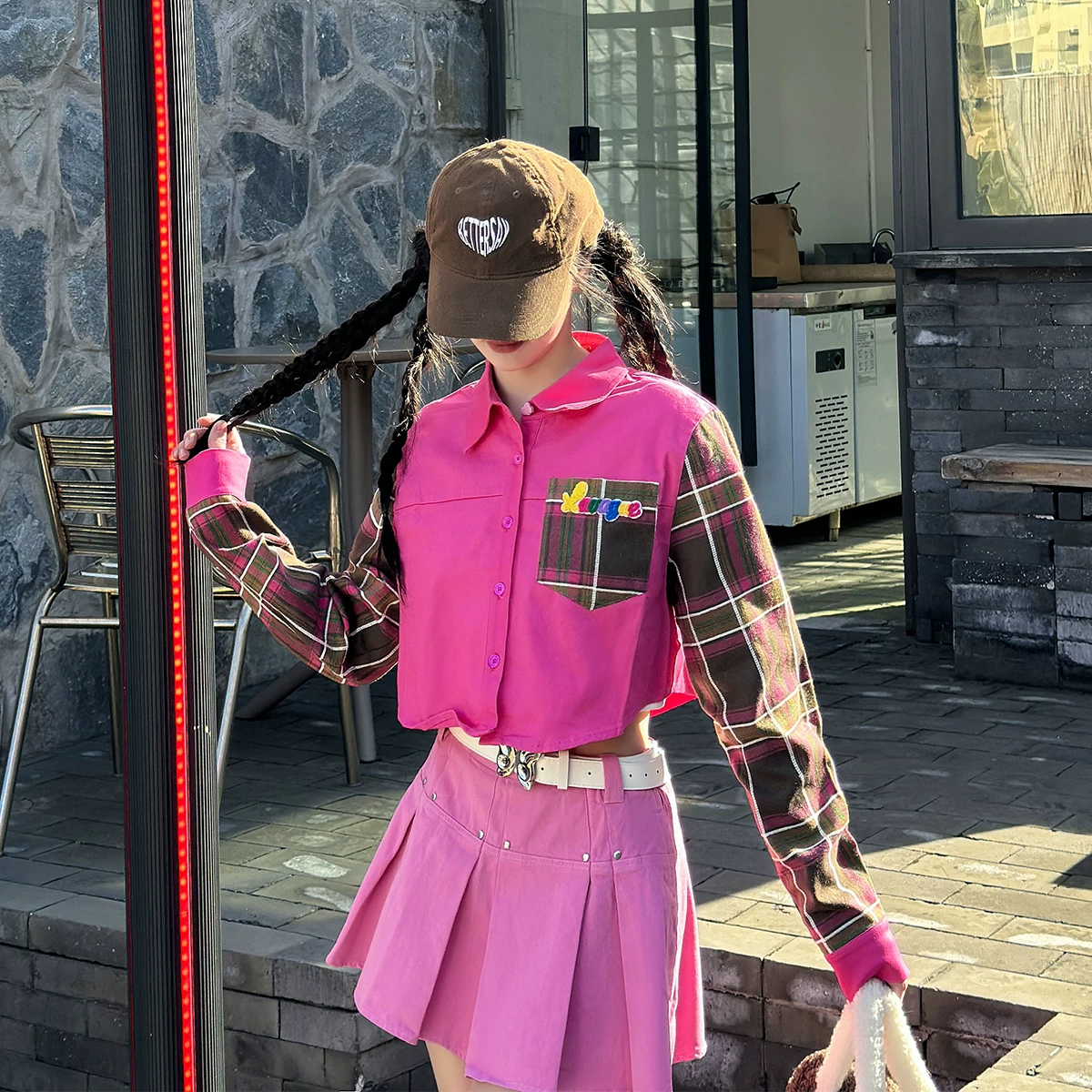 BETTERSAY チェック柄ショート丈ブラウス