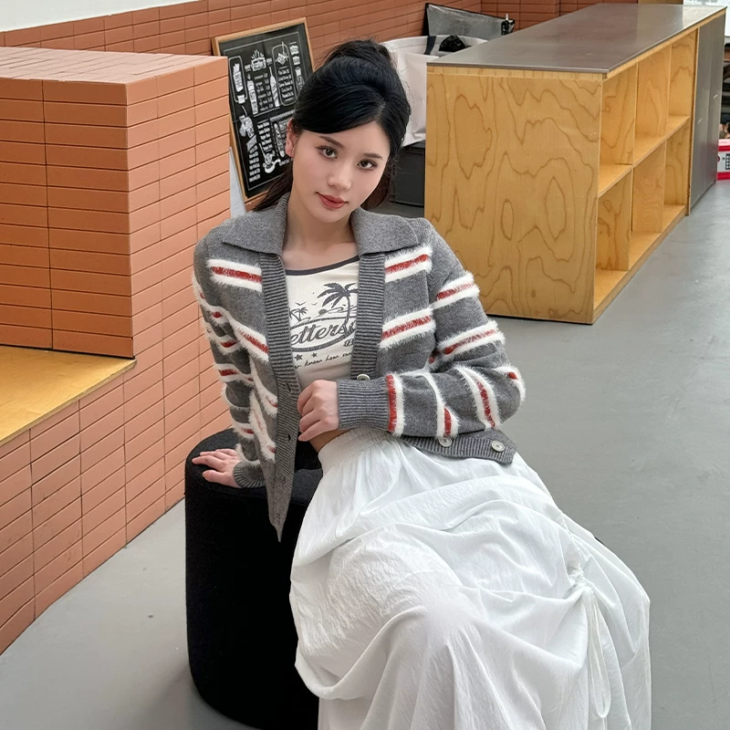 BETTERSAY ストライプ柄ショート丈カーディガン