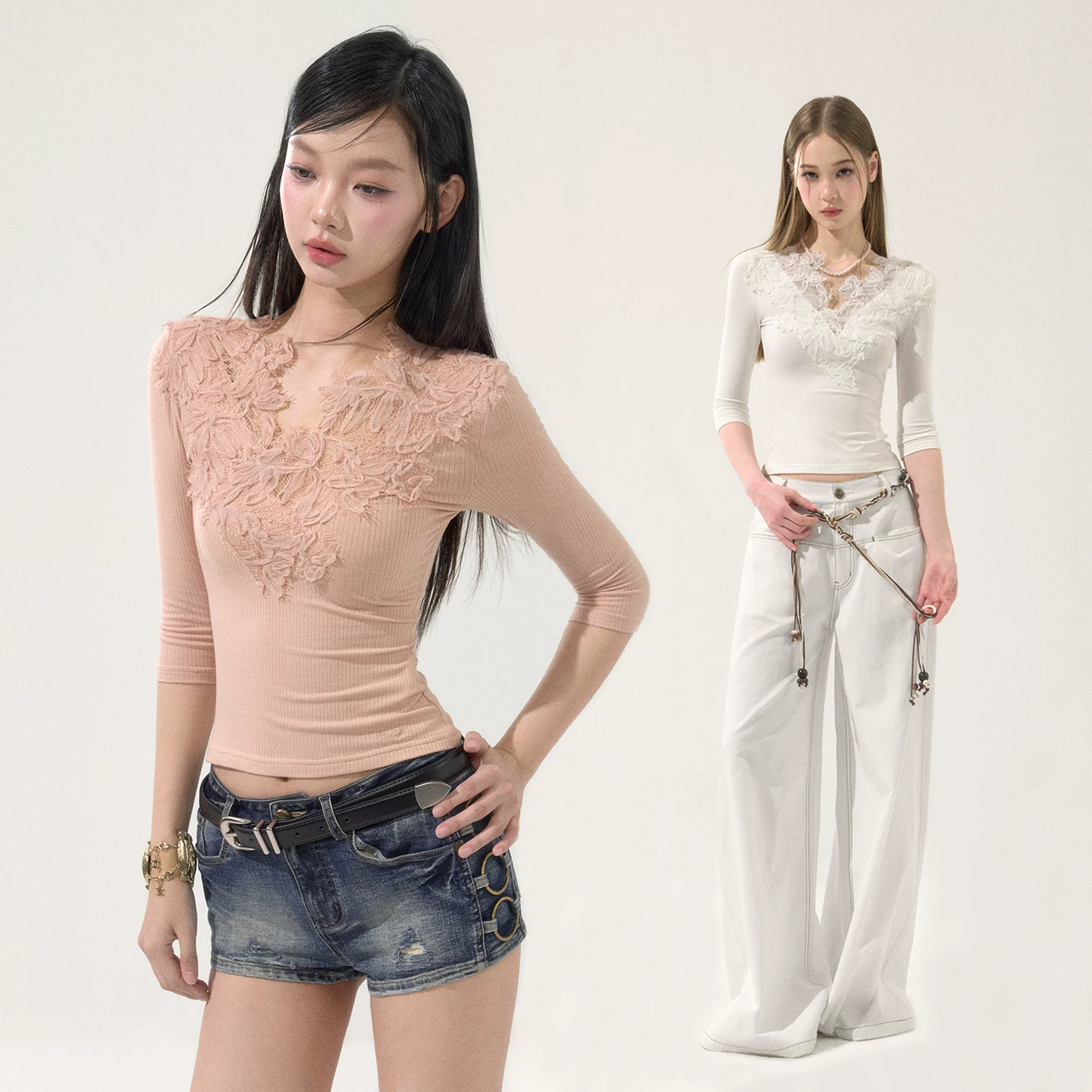 wooha レース切り替えVネックTシャツ