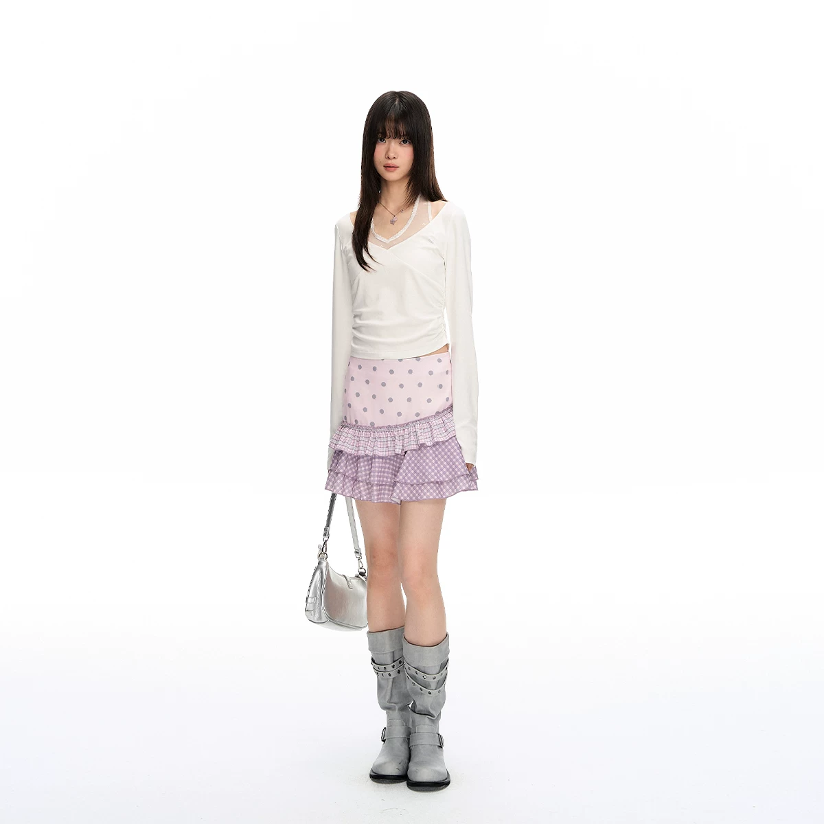 ablueberry ドット柄アシンメトリーティアードスカート