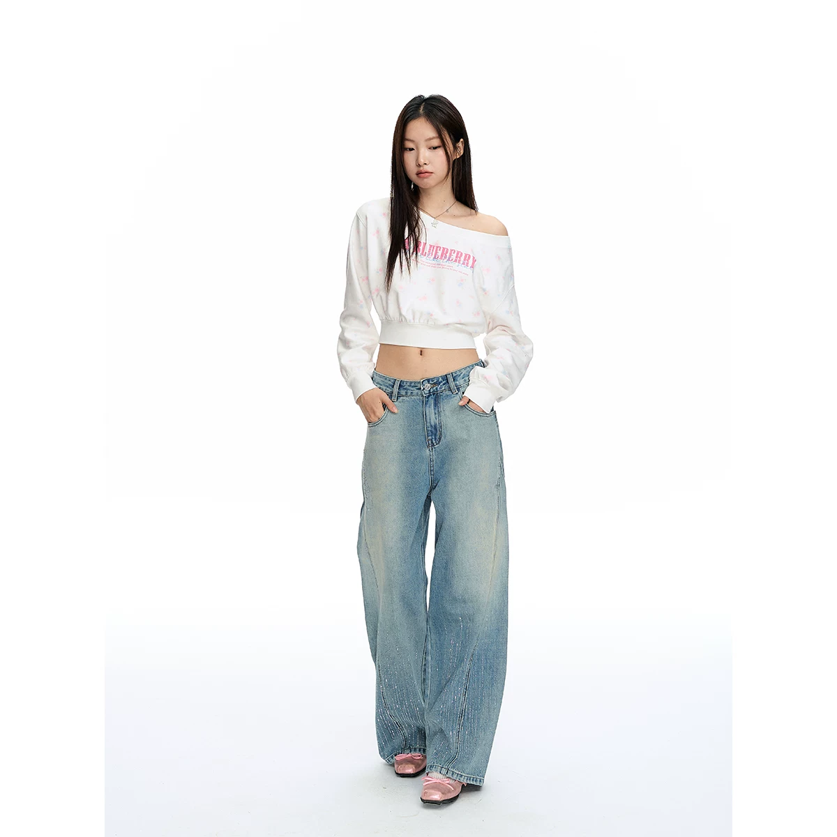 ablueberry デニムハイウエストストレートパンツ