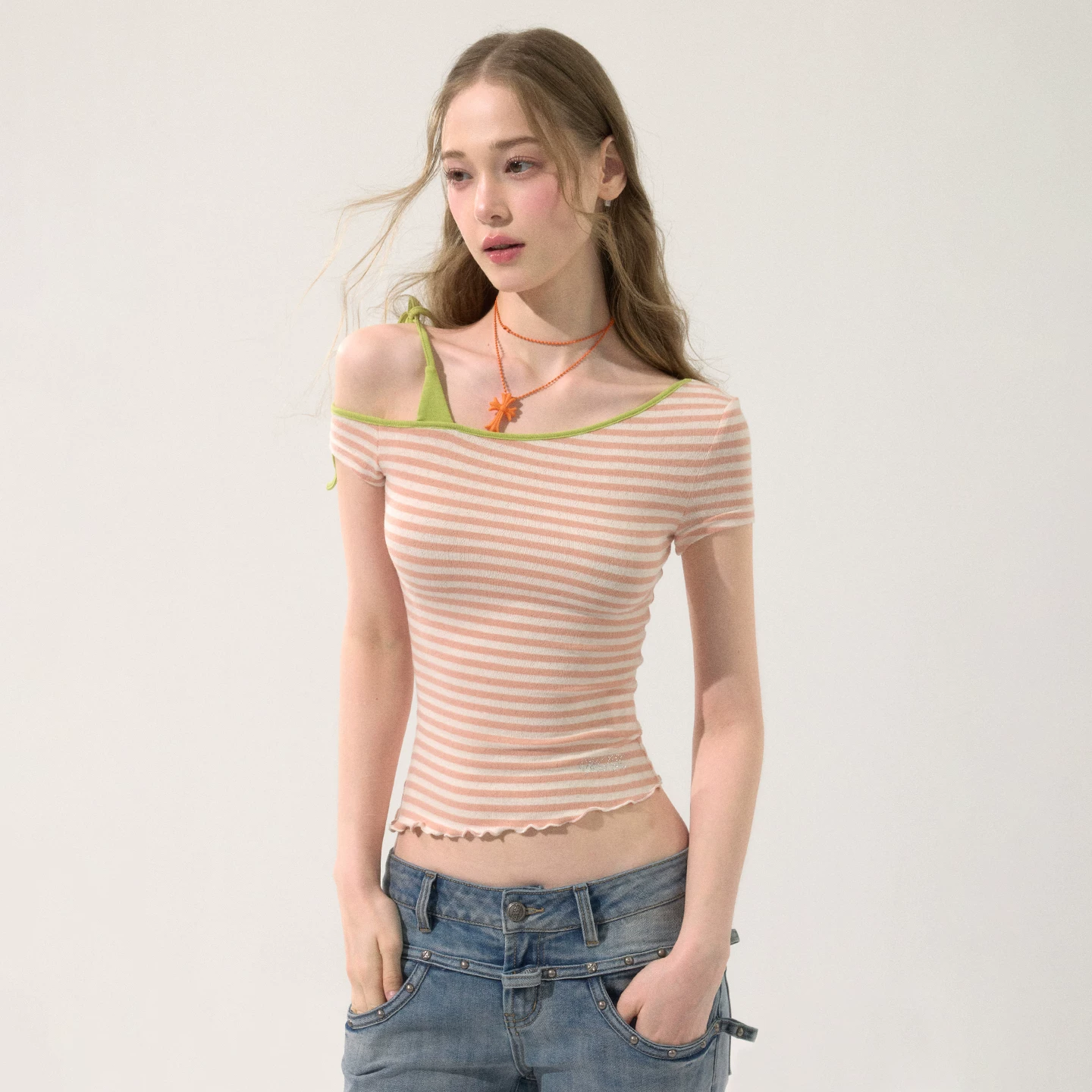 wooha ストライプ柄ワンショルダーTシャツ