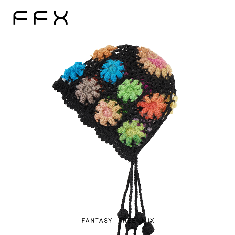 FFX フラワーモチーフフリンジニット帽