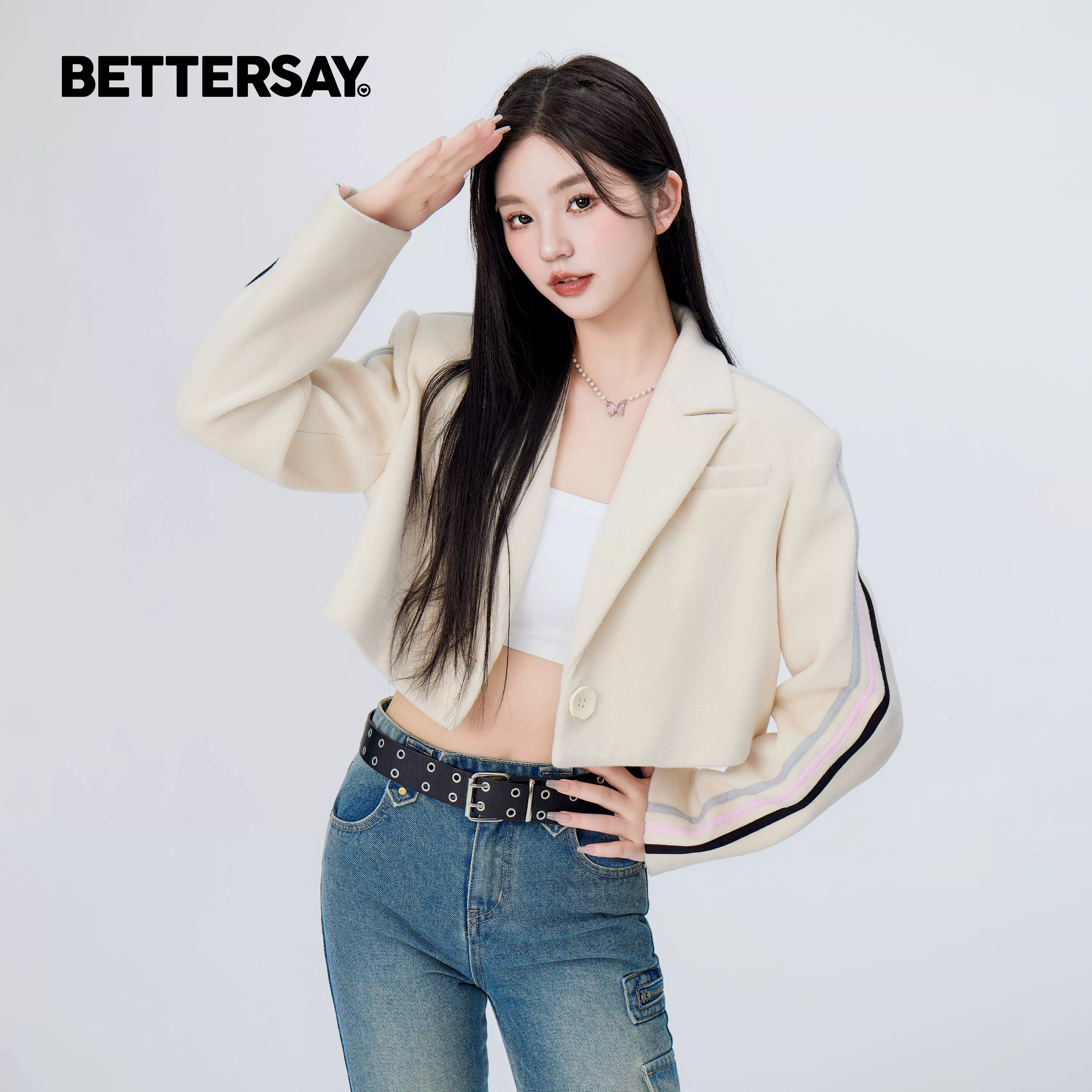 BETTERSAY ストライプ柄ショート丈テーラードジャケット