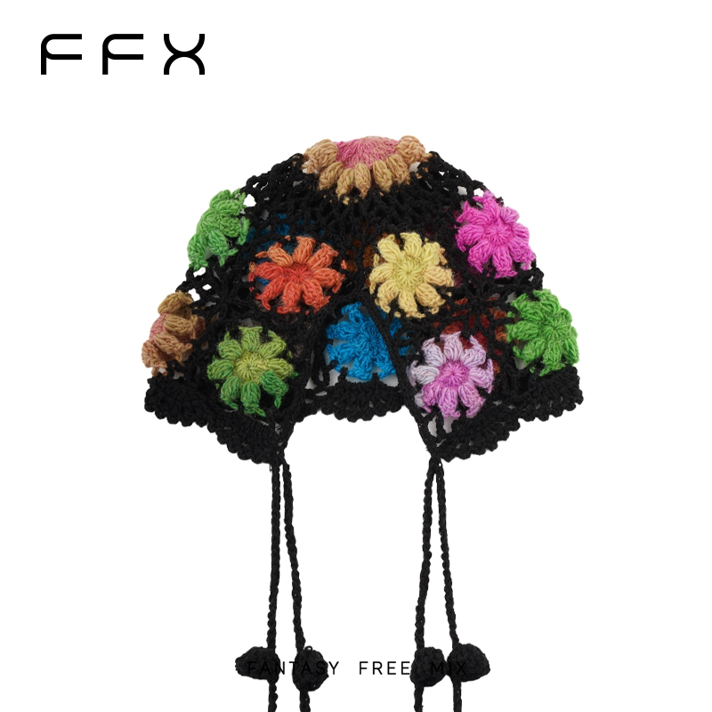 FFX フラワーモチーフフリンジニット帽