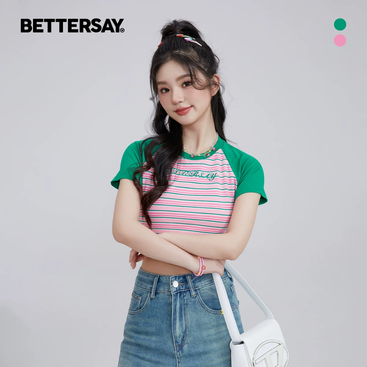 BETTERSAY ストライプ柄ショート丈Tシャツ