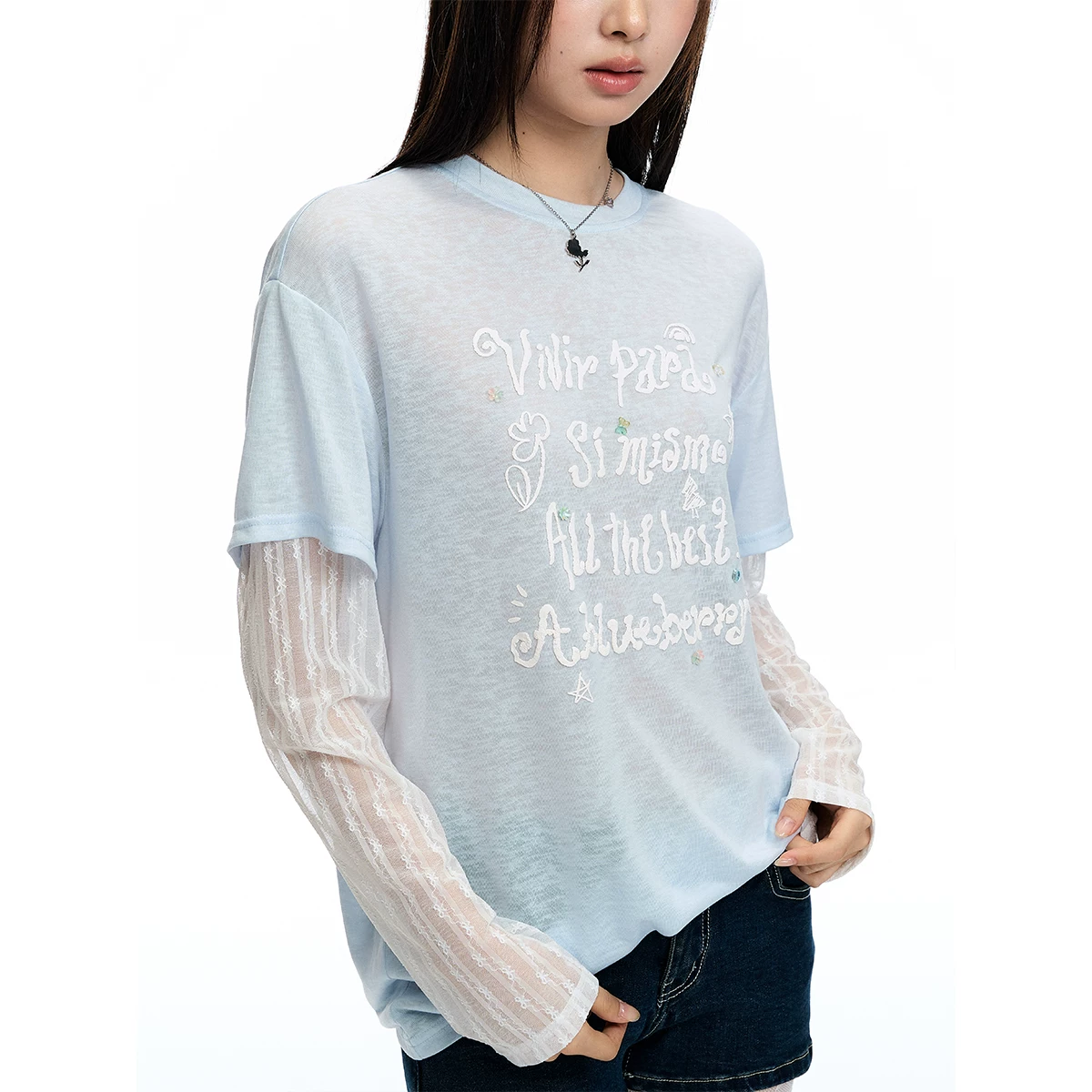 ablueberry レース切り替えレイヤードTシャツ