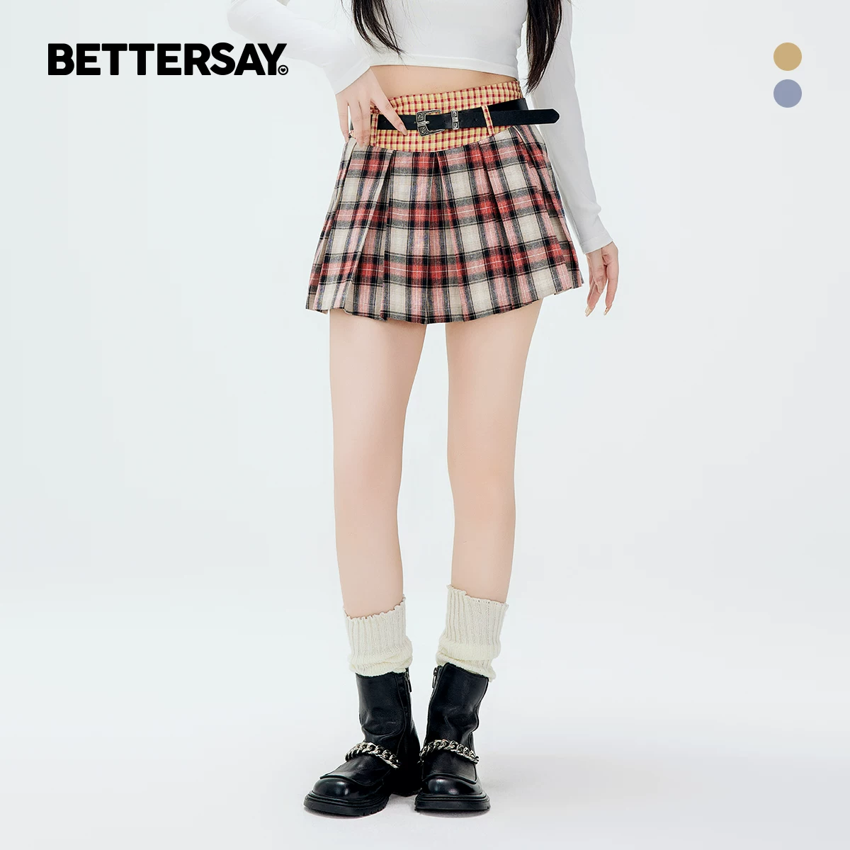 BETTERSAY チェック柄ハイウエストプリーツスカート