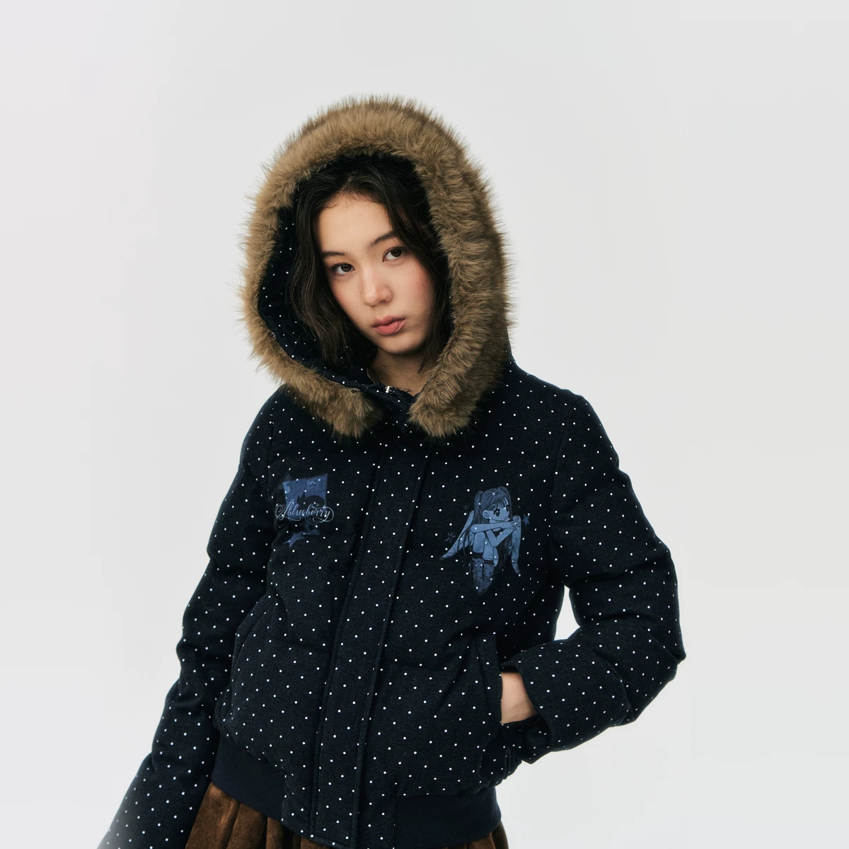 ablueberry ドット柄ファー襟中綿ジャケット