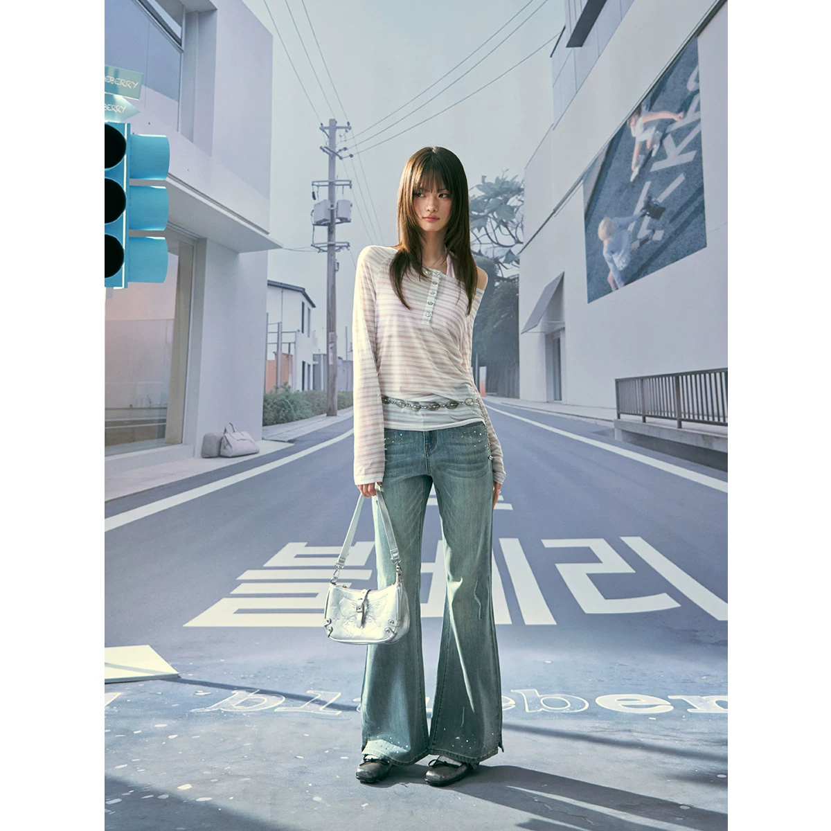 ablueberry デニムビジューフレアパンツ