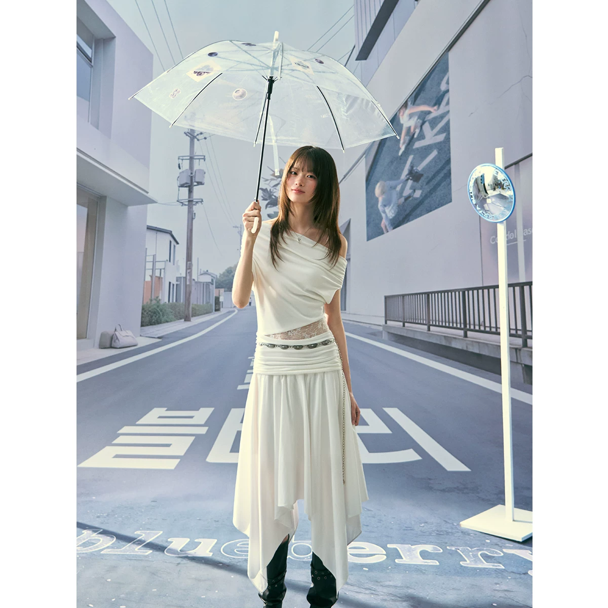 ablueberry レース切り替えオフショルダーロングワンピース