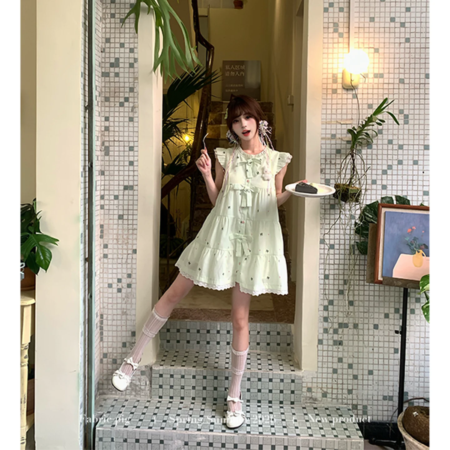 fabricpig フレンチスリーブワンピース
