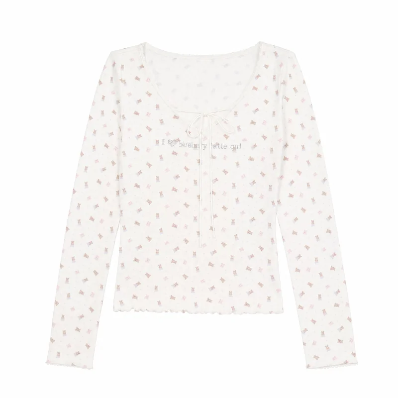 ablueberry くま柄VネックTシャツ