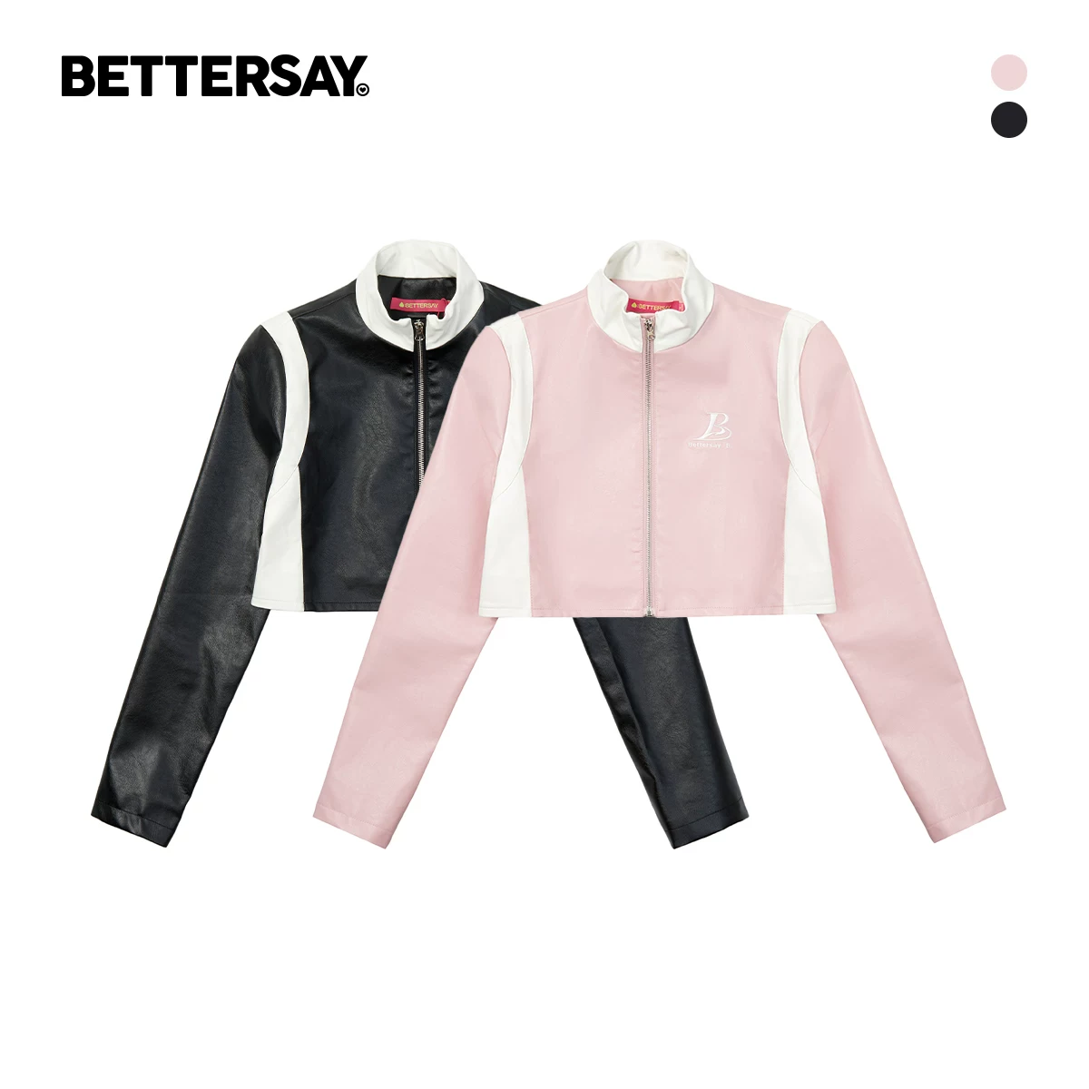 BETTERSAY バイカラースタンドカラーレザー調ジャケット